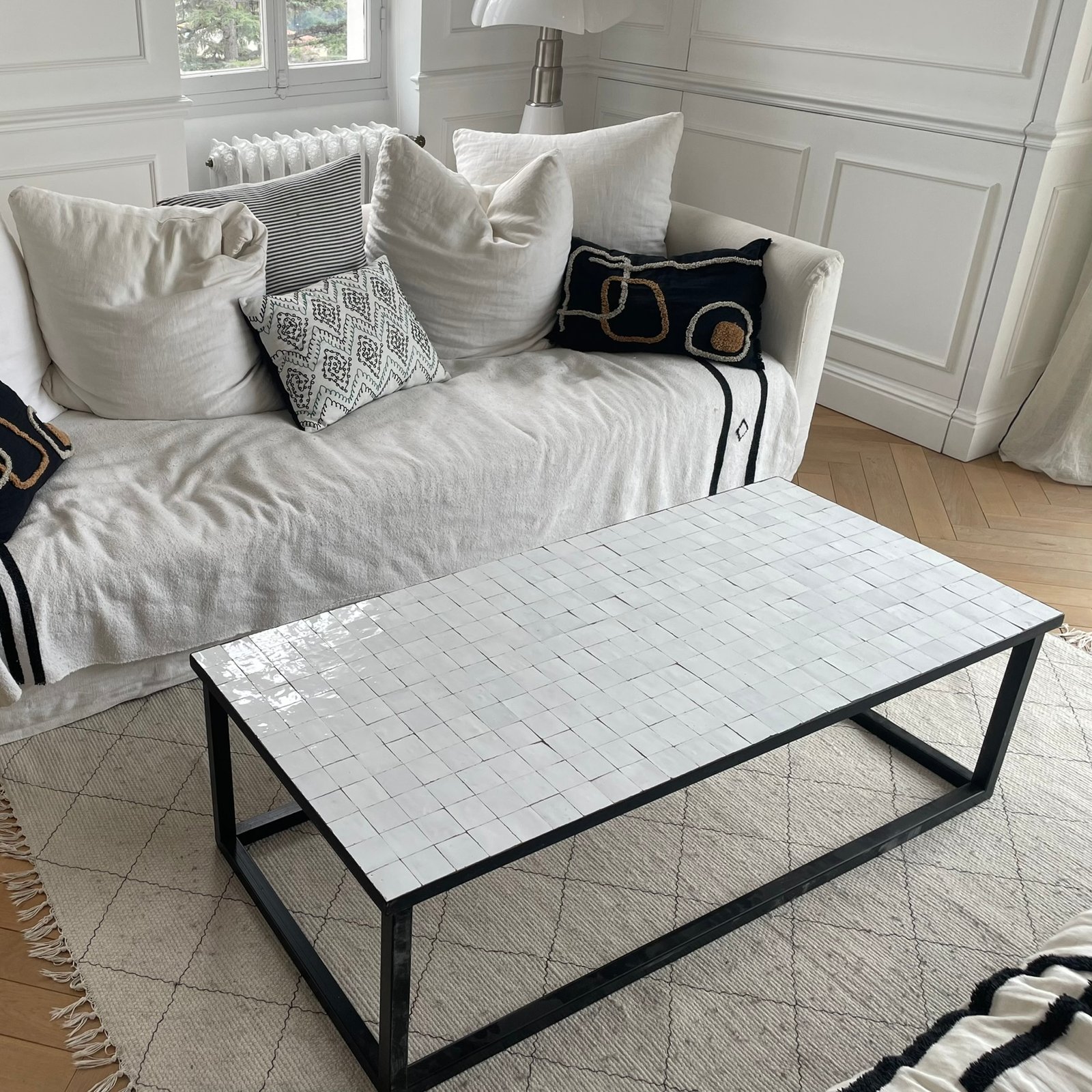 Table basse zellige rectangle blanc nacre salon